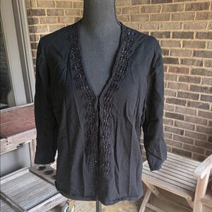 Jones New York Black Beaded V-Neck Blouse